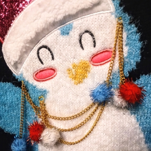 Joyland NWT "Ugly" Christmas Sweater Black Knit Embellished Penguin Sz. L - Picture 2 of 8